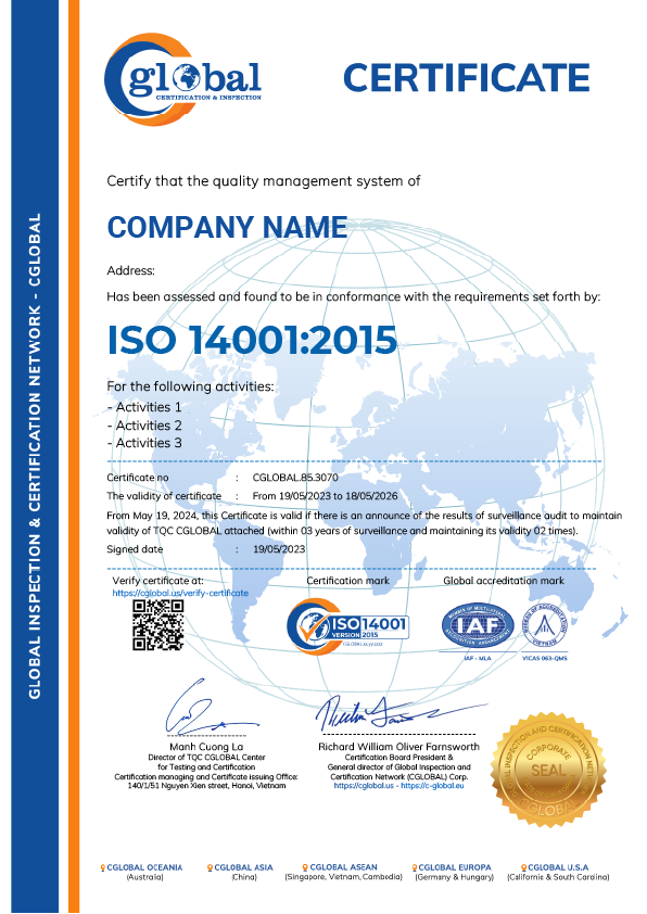 ISO 14001:2015 Certificate sample