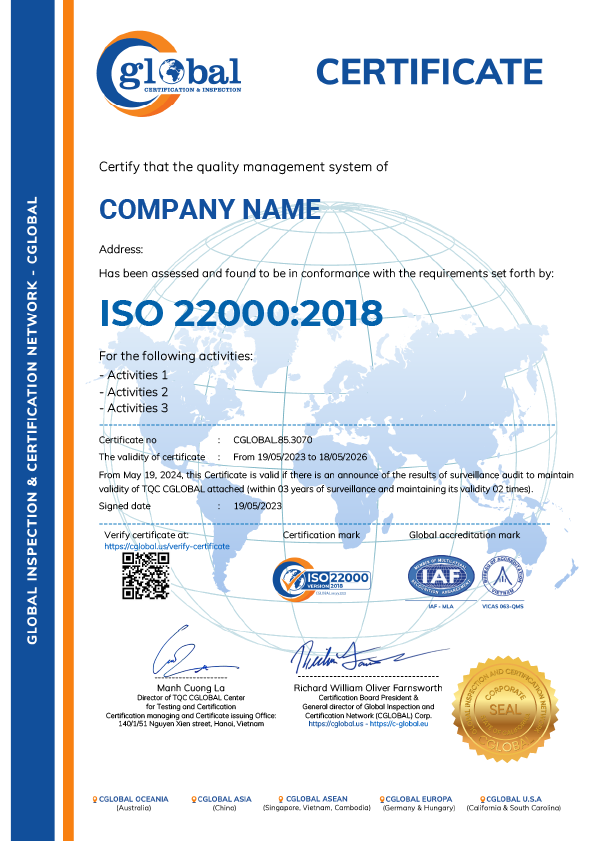 ISO 22000"2018 Certificate sample