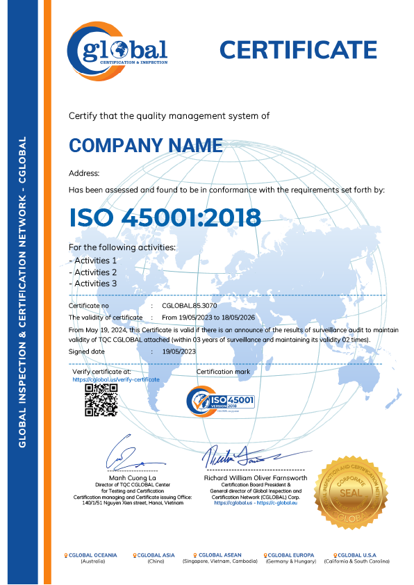 ISO 45001:2018 Certificate sample