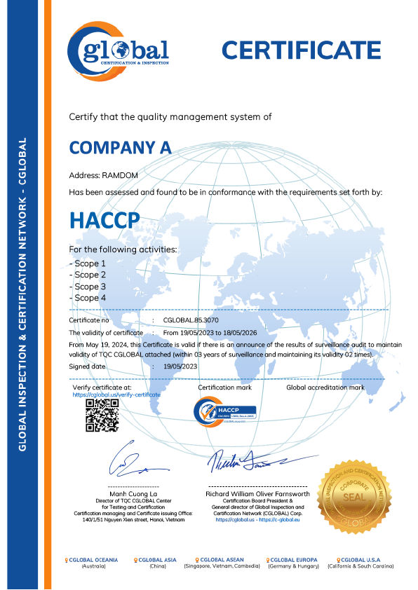 HACCP cecrtificate sample